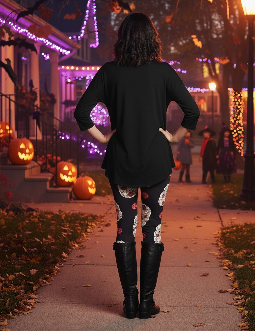 Womens Halloween Skull Leggings - High Waisted - Buttery Soft - Black/Pink Leggings MomMe and More 
