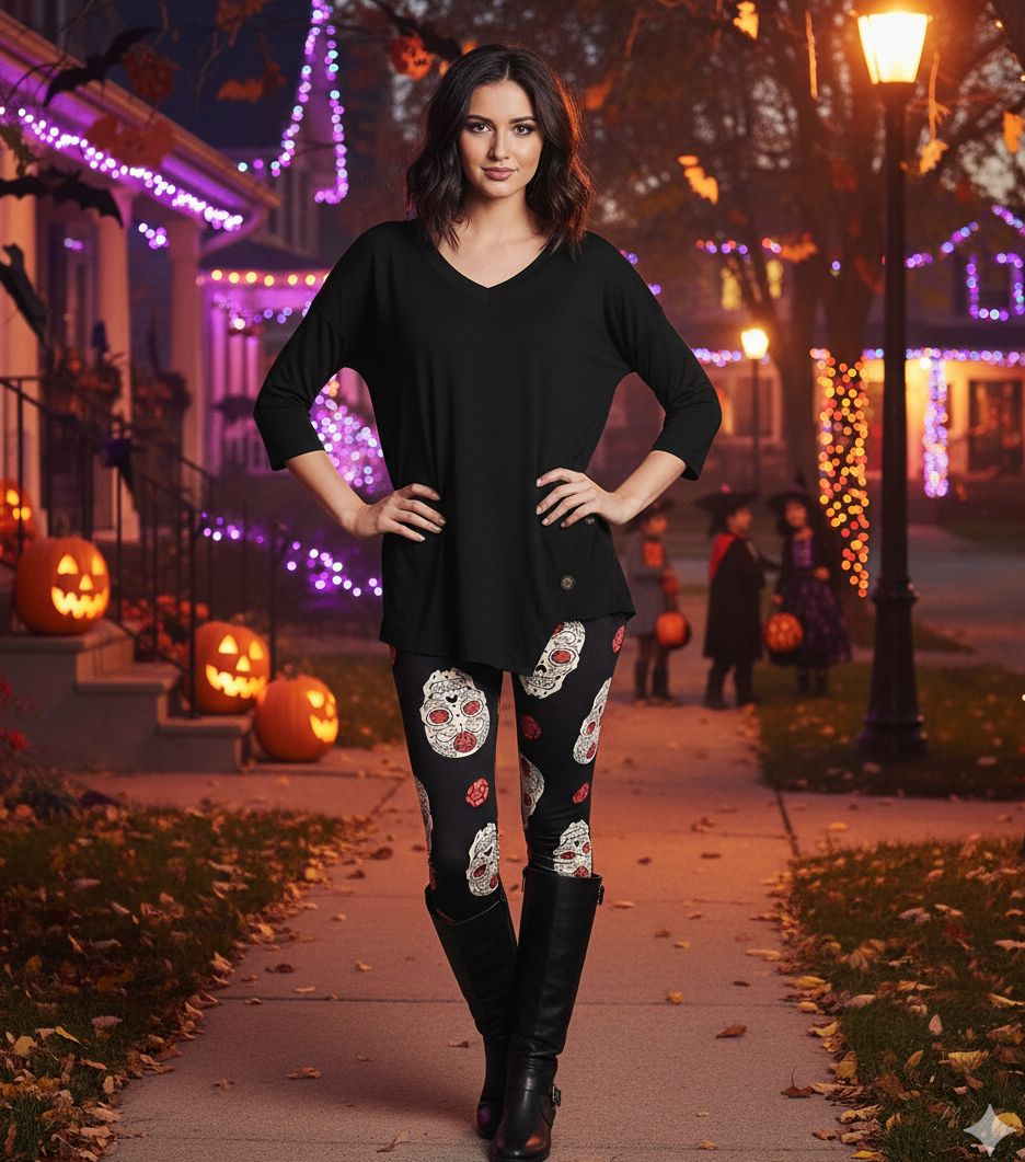 Womens Halloween Skull Leggings - High Waisted - Buttery Soft - Black/Pink Leggings MomMe and More 