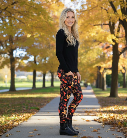 Womens Fall Leaf Leggings - High Waisted - Buttery Soft - Halloween Thanksgiving Leggings- Black/Orange Leggings MomMe and More 