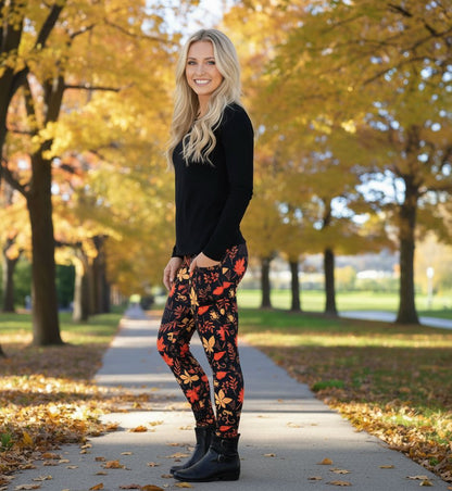 Womens Fall Leaf Leggings - High Waisted - Buttery Soft - Halloween Thanksgiving Leggings- Black/Orange Leggings MomMe and More 