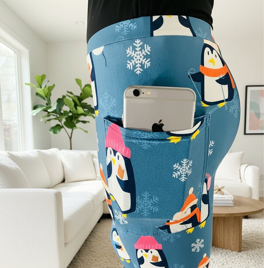 Womens Christmas Penguin Leggings - High Waisted - Side Pockets - Luxury Soft Yoga Pants - Blue/Multi Leggings MomMe and More 