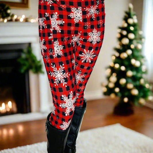 Womens Christmas Leggings - Red Plaid Snowflake - High Waisted - Buttery Soft - Side Pockets - Red/Black/White Leggings MomMe and More S Red Yoga Waist
