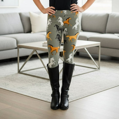 Womens Western Horse Leggings - High Waisted - Buttery Soft Yoga Waist - Brown/Gray Leggings MomMe and More 0-12 Brown/Gray Yoga Waist