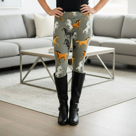 Womens Western Horse Leggings - High Waisted - Buttery Soft Yoga Waist - Brown/Gray Leggings MomMe and More 0-12 Brown/Gray Yoga Waist