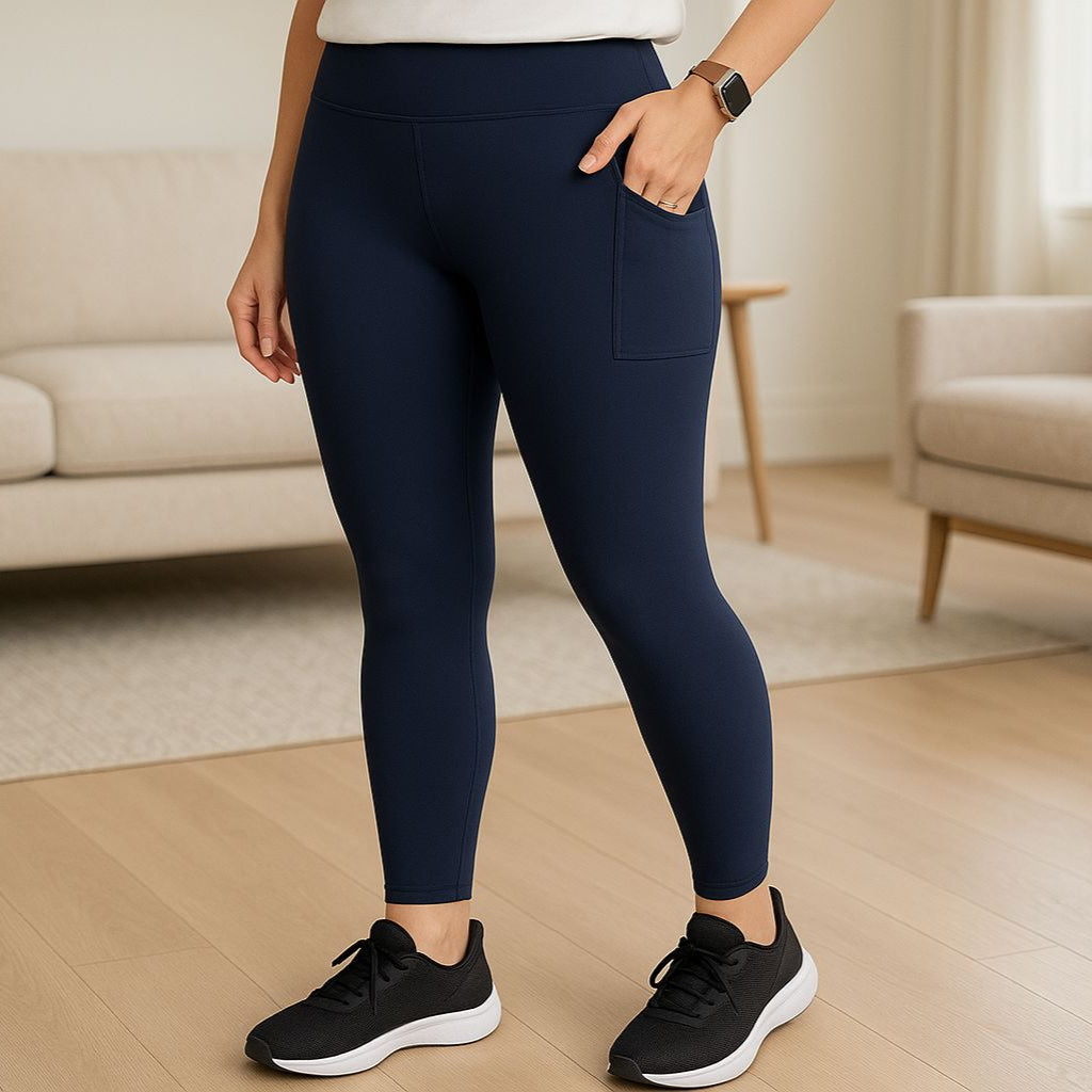 Womens Blue Pocket Leggings - High Waisted - Buttery Soft - Solid Navy Blue Leggings MomMe and More 
