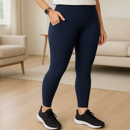 Womens Blue Pocket Leggings - High Waisted - Buttery Soft - Solid Navy Blue Leggings MomMe and More S Blue Yoga Waist