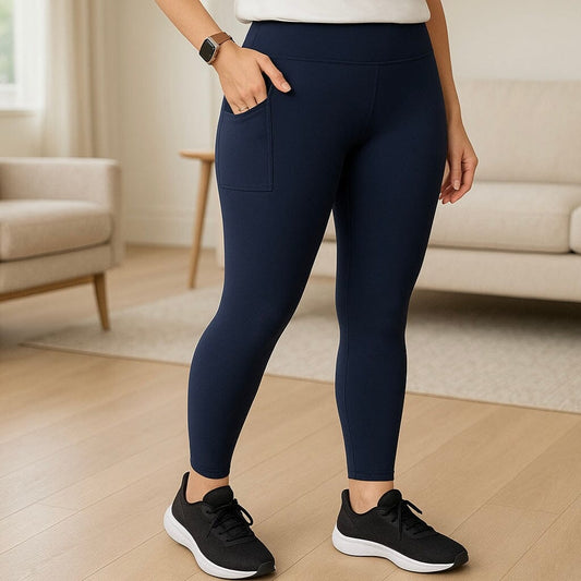 Womens Blue Pocket Leggings - High Waisted - Buttery Soft - Solid Navy Blue Leggings MomMe and More S Blue Yoga Waist