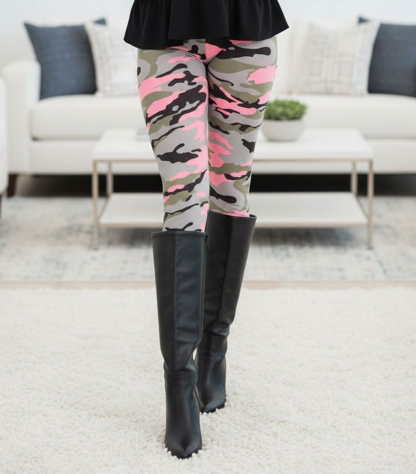 Womens Pink Camouflage Leggings - High Waisted - Buttery Soft - Pink/Gray Camo Leggings MomMe and More 