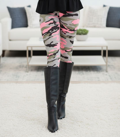 Womens Pink Camouflage Leggings - High Waisted - Buttery Soft - Pink/Gray Camo Leggings MomMe and More 