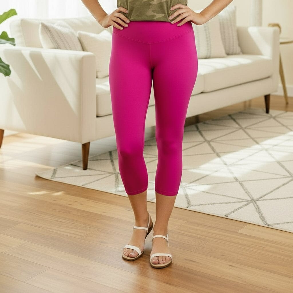 Womens Pink Capri Leggings - High Waisted - Luxury Soft Yoga Pants - Solid Pink Leggings MomMe and More S Pink Yoga Waist