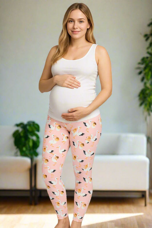 Womens Pink Stork Leggings - High Waisted - Buttery Soft - Baby Girl - Pink Leggings MomMe and More S Pink Maternity