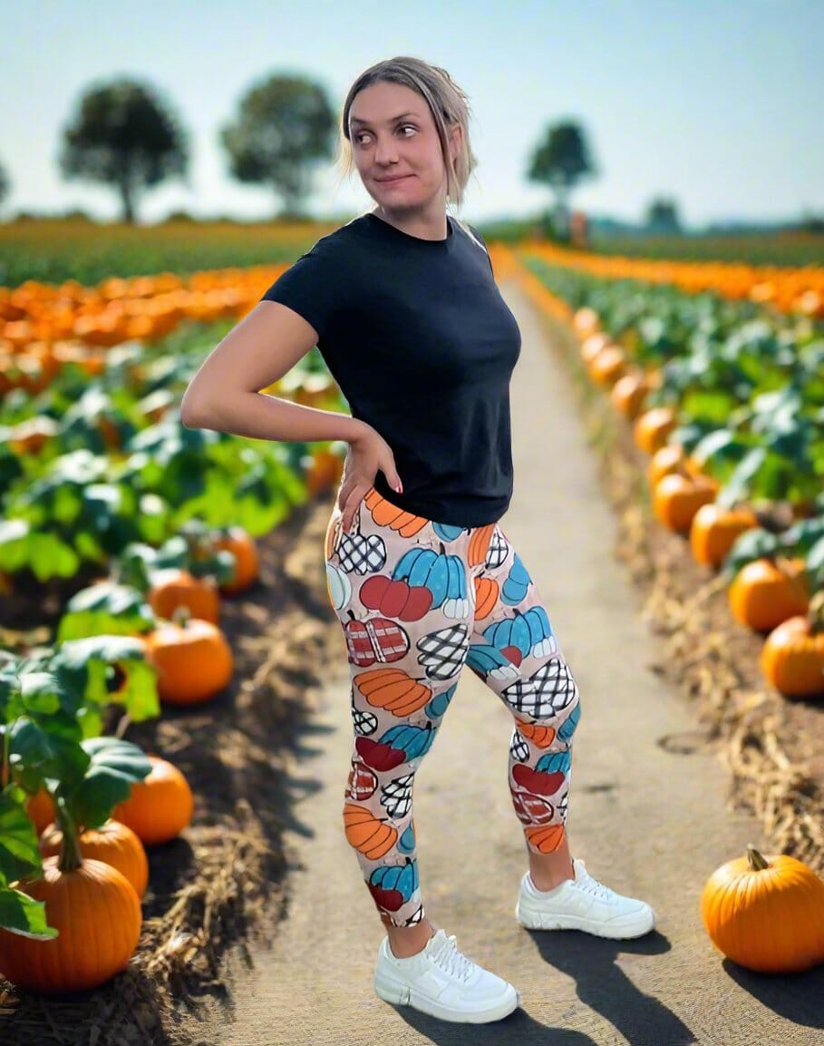 Womens Halloween Leggings, Plaid Pumpkin Leggings, Soft Yoga Pants, Sizes 0-22, Yoga Waist, Exclusive Leggings Leggings MomMe and More 