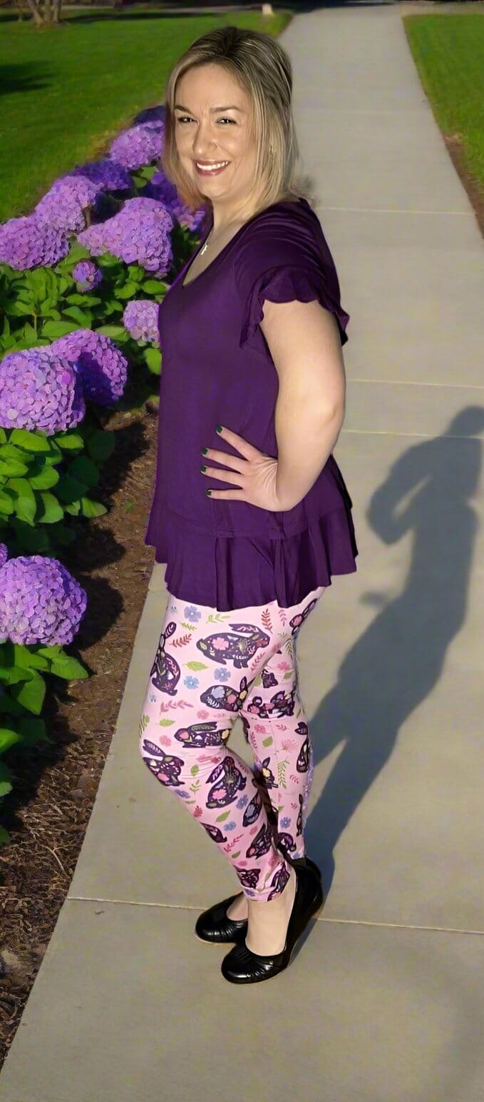 Womens Purple Short Sleeve Top, Flutter Sleeve Shirt, Ruffle Hem Shirt, Sizes S/M/L, Solid Purple Tops MomMe and More 
