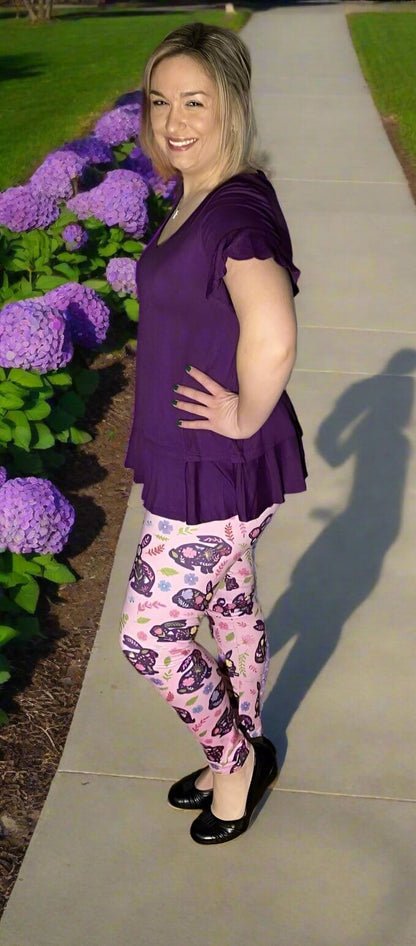 Womens Purple Short Sleeve Top, Flutter Sleeve Shirt, Ruffle Hem Shirt, Sizes S/M/L, Solid Purple Tops MomMe and More 
