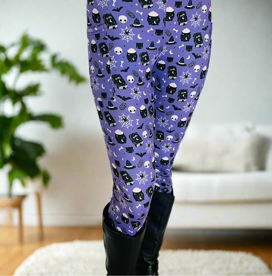 Womens Halloween Leggings - High Waisted - Buttery Soft - Witch Skull Spider Cat Bat - Purple/Black Leggings MomMe and More S Purple/Black Yoga Waist