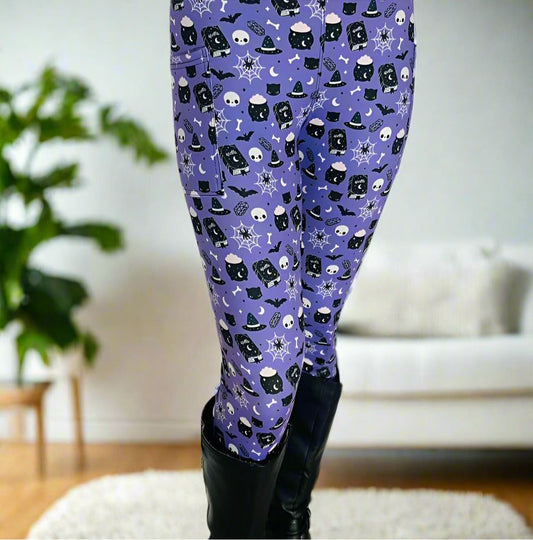 Womens Halloween Leggings - High Waisted - Buttery Soft - Witch Skull Spider Cat Bat - Purple/Black Leggings MomMe and More S Purple/Black Yoga Waist