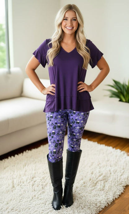Womens Purple Short Sleeve Top, Flutter Sleeve Shirt, Ruffle Hem Shirt, Sizes S/M/L, Solid Purple Tops MomMe and More S Purple 