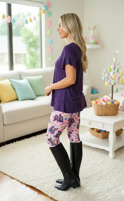 Women's Purple Flutter Sleeve Shirt - Ruffle Hem - Short Sleeves - V-Neck - S/M/L Tops MomMe and More 