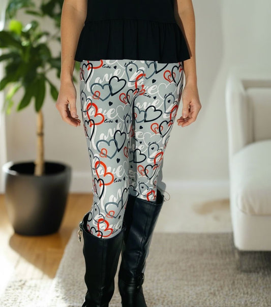 Womens Valentines Day Leggings - High Waisted - Buttery Soft Yoga Pants - Gray Hearts Leggings MomMe and More 