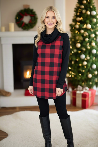 Womens Christmas Plaid Top, Long Sleeve Cowl Neck Shirt, Sizes S/M, Red/Black Tops MomMe and More 