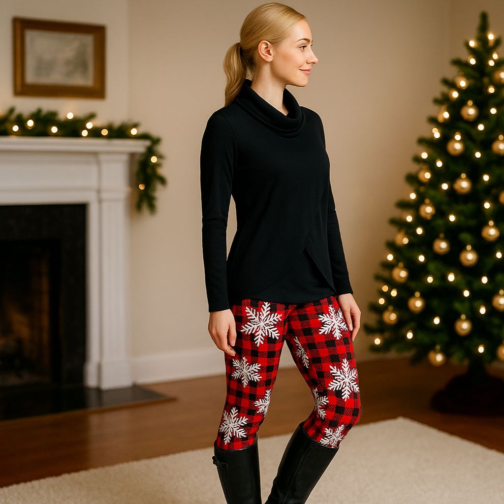 Womens Red Plaid Christmas Leggings - High Waisted - Buttery Soft - Snowflake - Pockets - Red/Black/White Leggings MomMe and More 