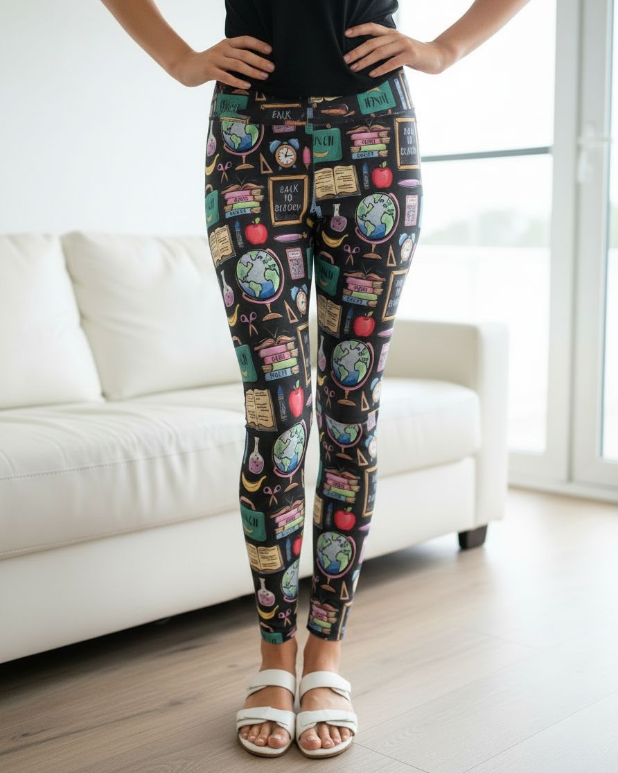 Womens School Teacher Leggings - High Waisted - Buttery Soft - Yoga Pants - Gray/Multi Leggings MomMe and More 