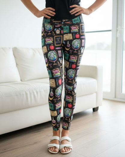 Womens School Teacher Leggings - High Waisted - Buttery Soft - Yoga Pants - Gray/Multi Leggings MomMe and More 