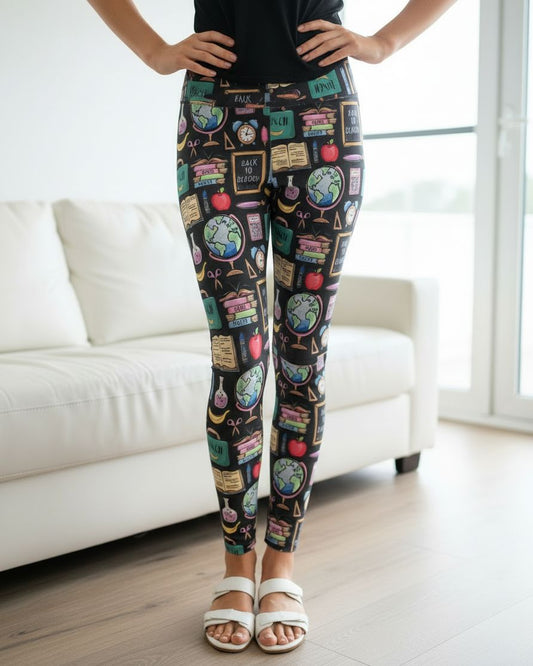 Womens School Teacher Leggings - High Waisted - Buttery Soft - Yoga Pants - Gray/Multi Leggings MomMe and More 
