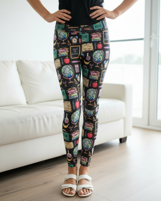 Womens School Teacher Leggings - High Waisted - Buttery Soft - Yoga Pants - Gray/Multi
