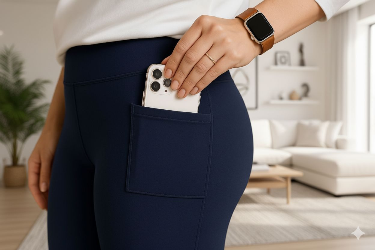 Womens Blue Pocket Leggings - High Waisted - Buttery Soft Yoga Pants for Women - Solid Navy Blue Leggings MomMe and More 