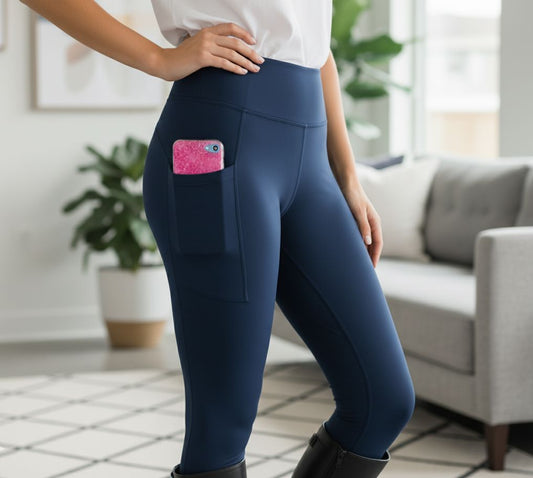 Womens Blue Pocket Leggings - High Waisted - Buttery Soft - Solid Navy Blue Leggings MomMe and More S Blue Yoga Waist