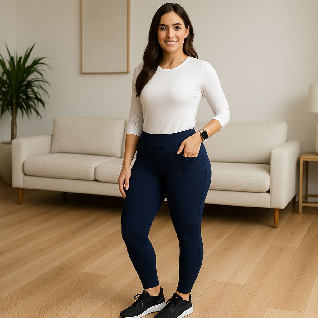 Womens Blue Pocket Leggings - High Waisted - Buttery Soft - Solid Navy Blue Leggings MomMe and More 