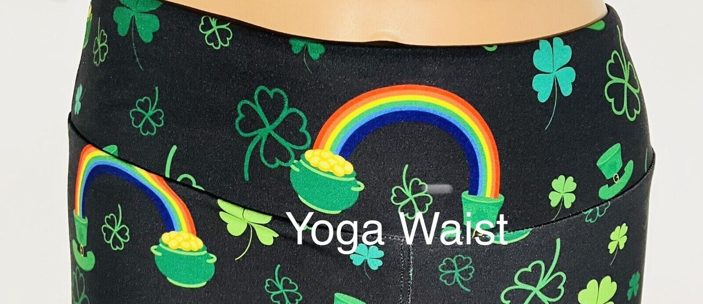 Womens St. Patrick Day Leggings, Shamrock Rainbow Hat Leggings, Soft Yoga Pants, Sizes OS/TC, Yoga Waist, Exclusive Leggings Leggings MomMe and More 