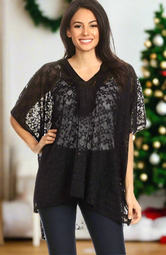 Womens Black Lace Top – Star Print – Christmas Kimono - Solid Black Topper kimono MomMe and More S Black 