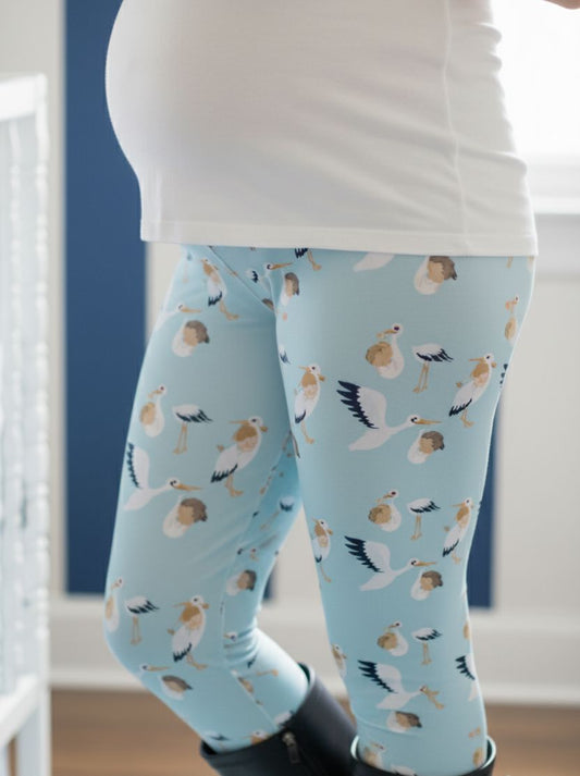 Womens Blue Stork Leggings - High Waisted - Buttery Soft - Baby Boy Mom Gift Idea Leggings MomMe and More S Blue Yoga Waist