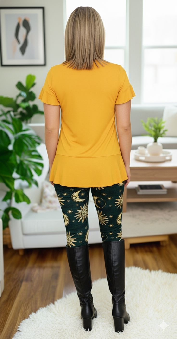 Womens Sun Moon Star Leggings - High Waisted - Buttery Soft - Blue/Yellow Leggings MomMe and More 