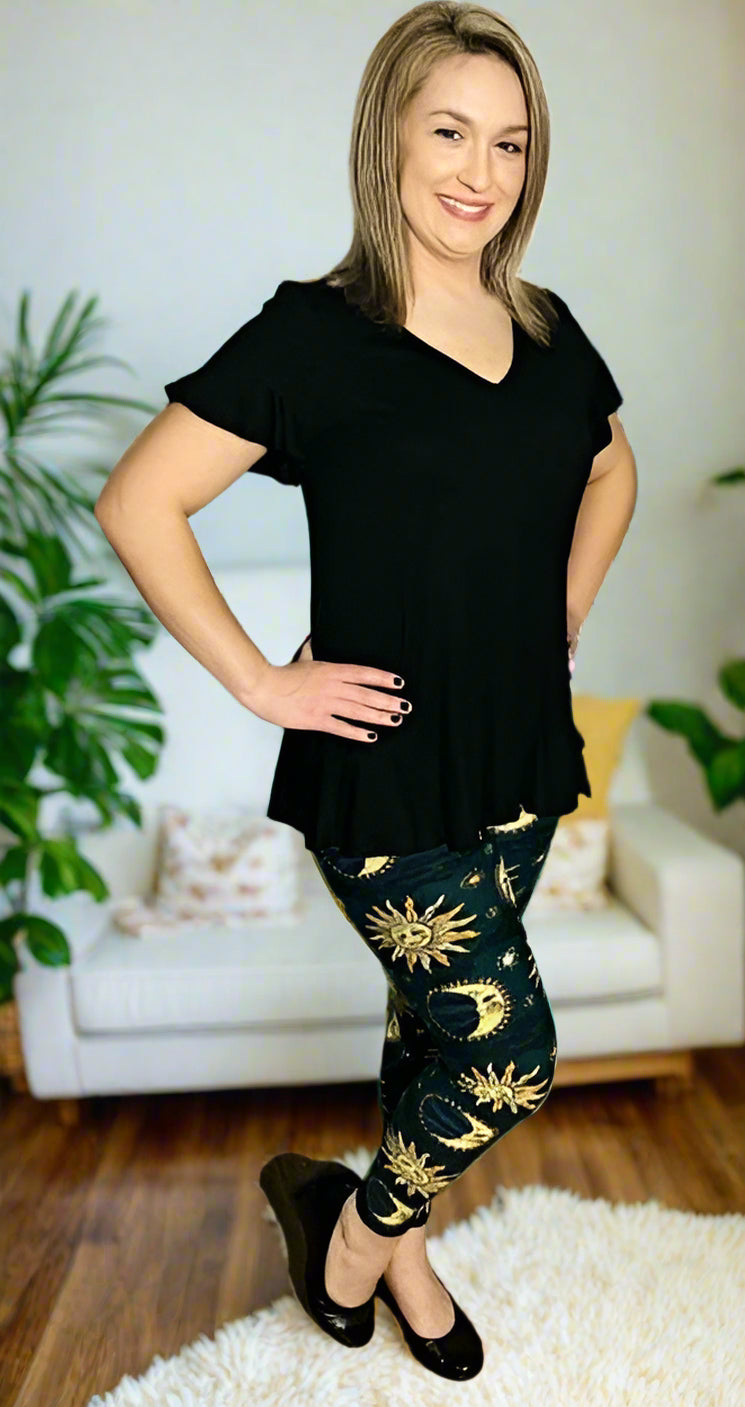 Womens Sun Moon Star Leggings, Soft Yoga Pants, Sizes 18-22, Blue/Yellow Leggings MomMe and More 