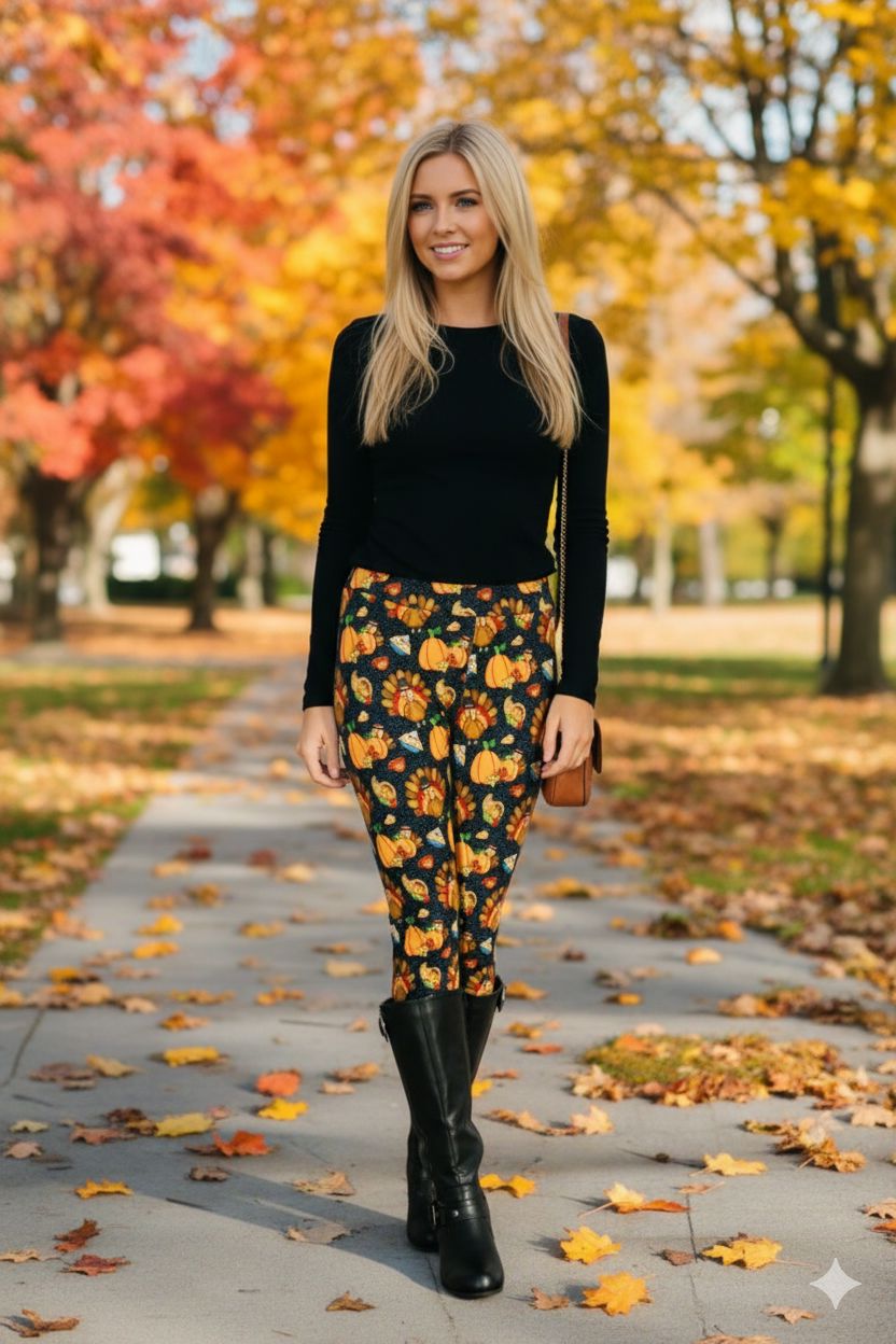Womens Thanksgiving Turkey Dinner Leggings - High Waisted - Buttery Soft - Black/Orange Leggings MomMe and More 