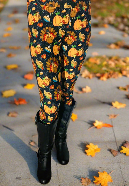 Womens Thanksgiving Turkey Dinner Leggings - High Waisted - Buttery Soft - Black/Orange Leggings MomMe and More S Black/Orange Yoga Waist