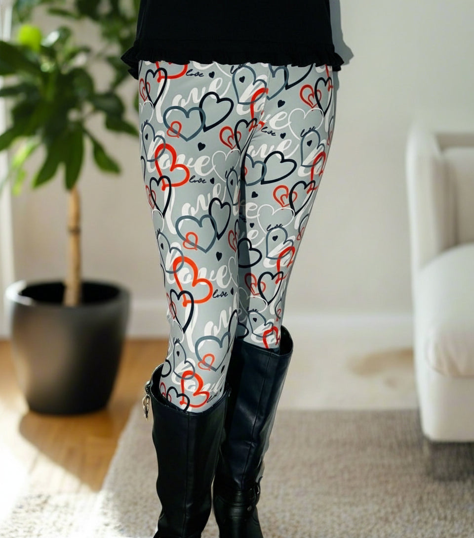 Womens Valentines Day Leggings, Love Heart Print Soft Yoga Pants, Sizes OS/TC/TC2, Gray/Red, Exclusive Leggings Leggings MomMe and More 