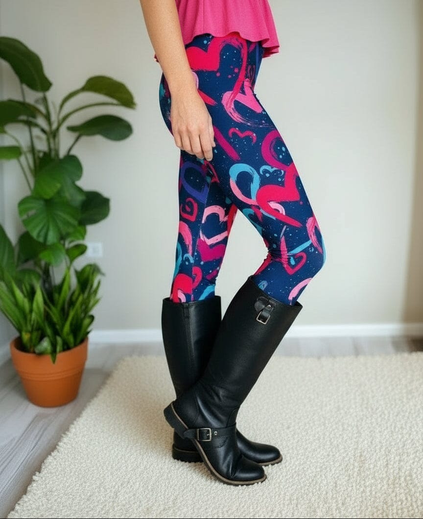 Womens Valentines Day Leggings - High Waisted - Buttery Soft - Purple Pink Hearts - OS/TC/TC2 Leggings MomMe and More 