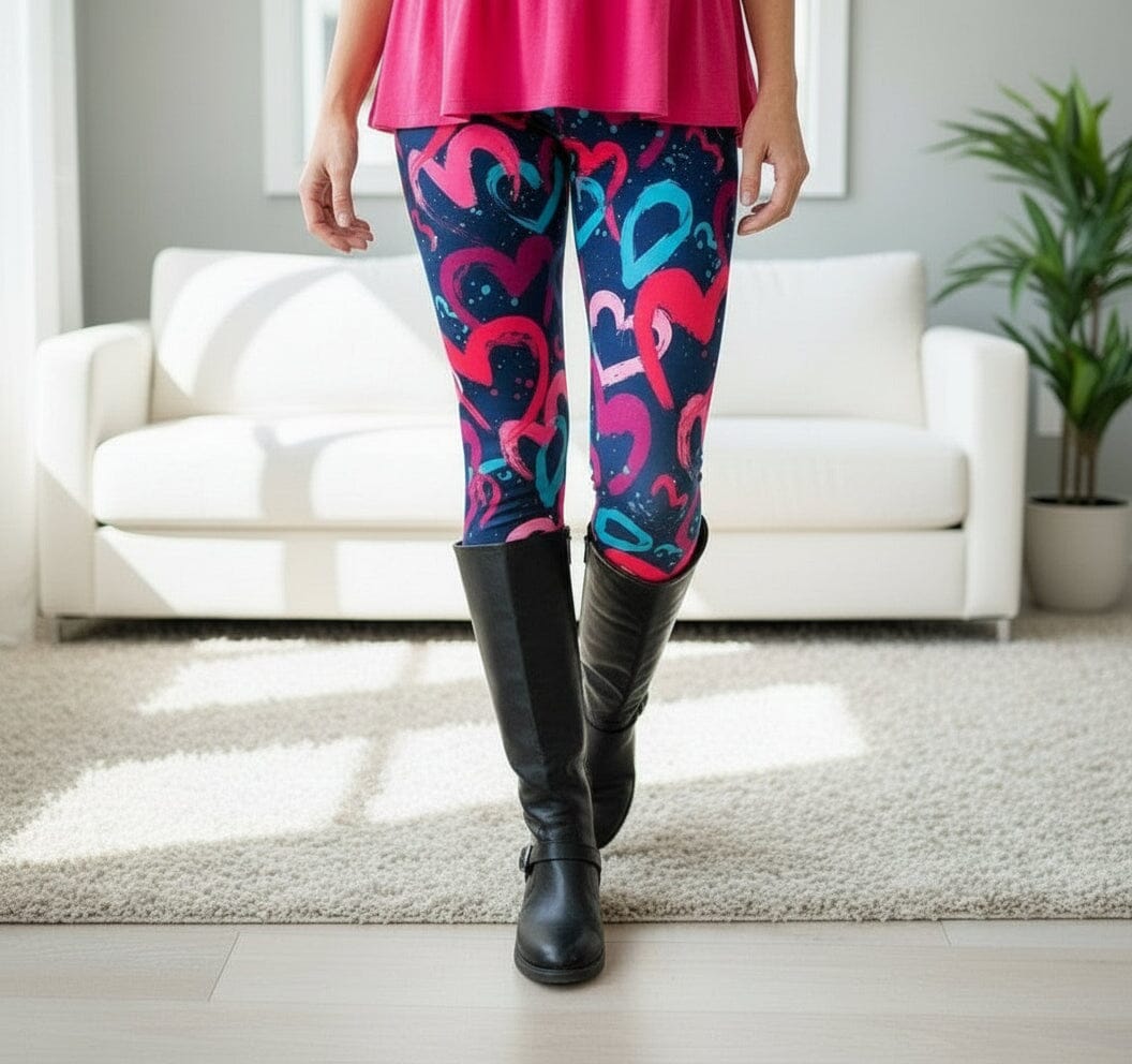Womens Valentines Day Leggings - High Waisted - Buttery Soft - Purple Pink Hearts - OS/TC/TC2 Leggings MomMe and More 