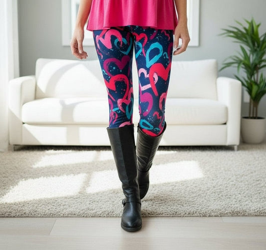 Womens Valentines Day Leggings - High Waisted - Buttery Soft - Purple Pink Hearts - OS/TC/TC2 Leggings MomMe and More 