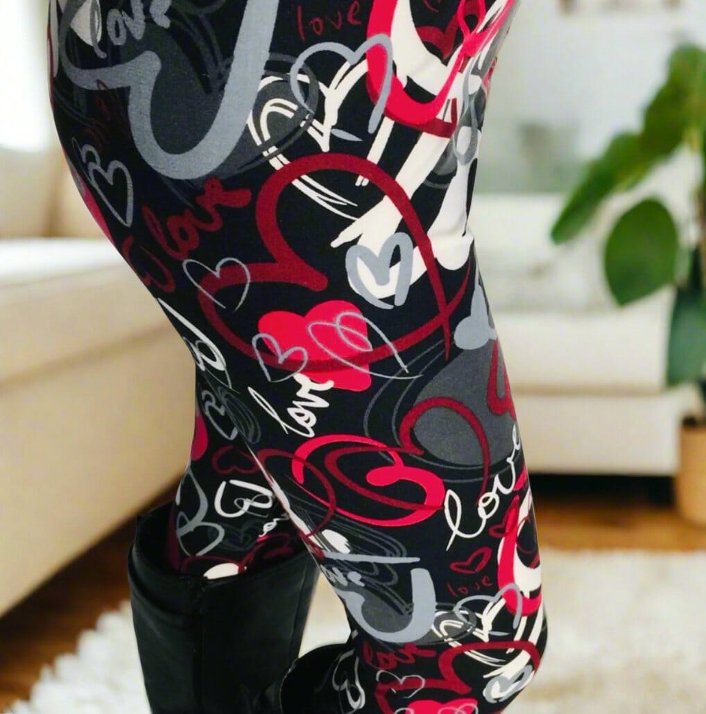 Womens Valentines Day Heart Leggings, Soft Yoga Pants, Sizes 0-20, Yoga Waist, Black/Red Leggings MomMe and More 