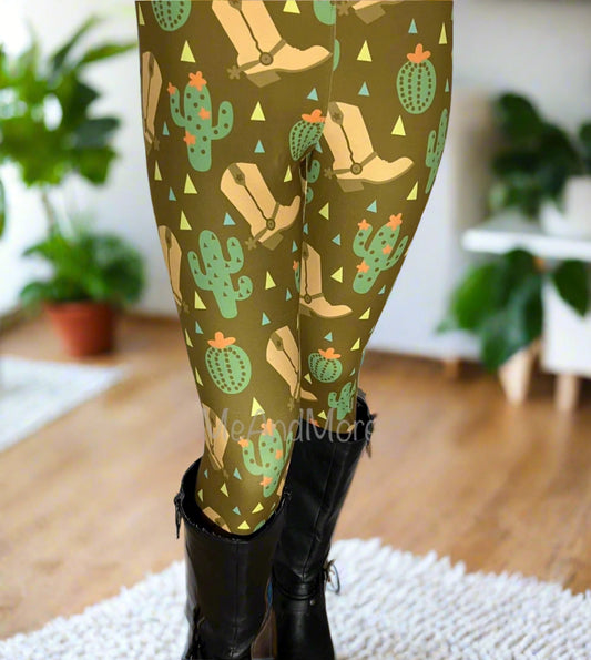 Womens Western Boot Cactus Leggings Soft Yoga Pants Brown/Green Sizes 0-22 Leggings MomMe and More 
