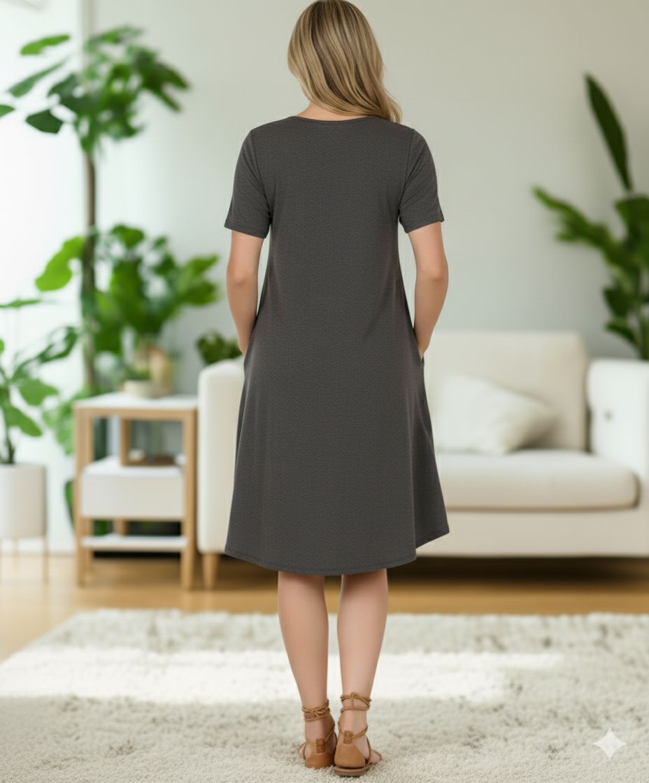 Womens Gray Midi Dress - Short Sleeves - Buttery Soft - Side Pockets - Stretchy Casual Dress dress MomMe and More 