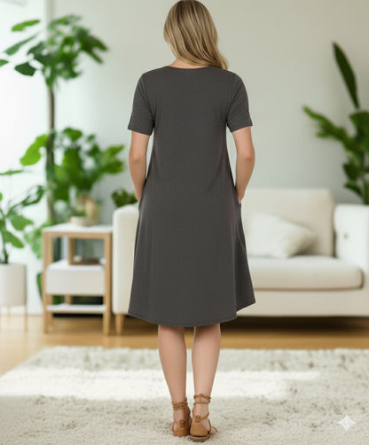 Womens Gray Midi Dress - Short Sleeves - Buttery Soft - Side Pockets - Stretchy Casual Dress dress MomMe and More 