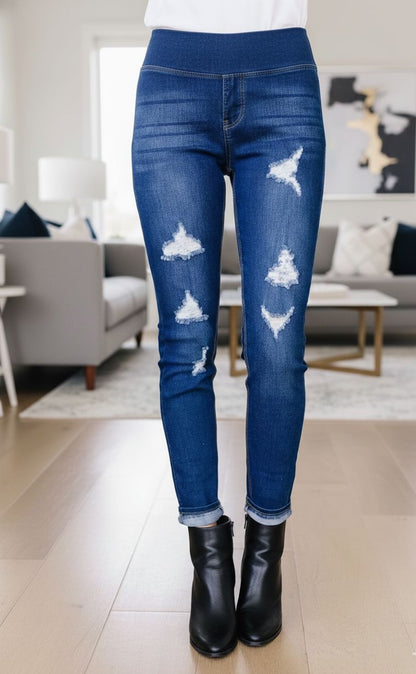 Womens Designer Ripped Jeggings - Mid Rise - Ultimate Stretch - Dark Wash - Pull On Style Jeans MomMe and More 