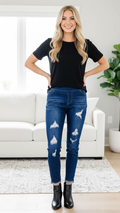 Womens Designer Ripped Jeggings - Mid Rise - Ultimate Stretch - Dark Wash - Pull On Style Jeans MomMe and More 