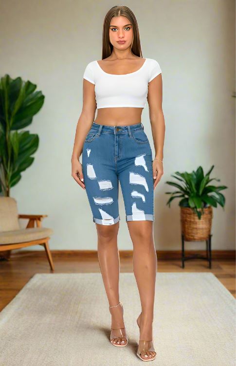 Womens Distressed Jean Shorts Bermuda Shorts Blue Plus Sizes 1xl/2xl/3xl Shorts MomMe and More 